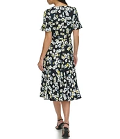 DKNY by Donna Karan Floral Crepe Satin Crew Neck Short Flutter Sleeve Tie Waist Midi Dress