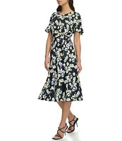 DKNY by Donna Karan Floral Crepe Satin Crew Neck Short Flutter Sleeve Tie Waist Midi Dress