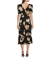 DKNY by Donna Karan Floral Print V-Neck Short Ruched Sleeves Cinched Front Midi Dress