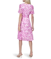 DKNY by Donna Karan Floral Printed Round Neckline Short Sleeve Tie Waist Midi Dress
