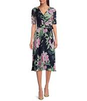 DKNY by Donna Karan Floral Surplice V-Neck Short Sleeve Faux Wrap Midi Dress
