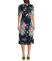DKNY by Donna Karan Floral Surplice V-Neck Short Sleeve Faux Wrap Midi Dress