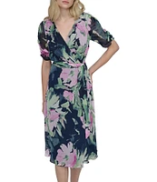 DKNY by Donna Karan Floral Surplice V-Neck Short Sleeve Faux Wrap Midi Dress