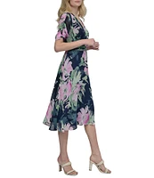 DKNY by Donna Karan Floral Surplice V-Neck Short Sleeve Faux Wrap Midi Dress