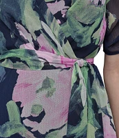 DKNY by Donna Karan Floral Surplice V-Neck Short Sleeve Faux Wrap Midi Dress