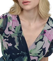DKNY by Donna Karan Floral Surplice V-Neck Short Sleeve Faux Wrap Midi Dress