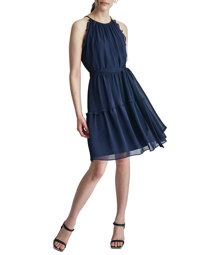 DKNY by Donna Karan Halter Neck Sleeveless Ruffle Tie Belt Mini Dress