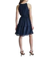 DKNY by Donna Karan Halter Neck Sleeveless Ruffle Tie Belt Mini Dress