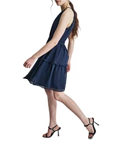 DKNY by Donna Karan Halter Neck Sleeveless Ruffle Tie Belt Mini Dress