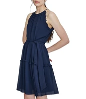 DKNY by Donna Karan Halter Neck Sleeveless Ruffle Tie Belt Mini Dress