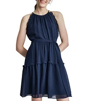 DKNY by Donna Karan Halter Neck Sleeveless Ruffle Tie Belt Mini Dress