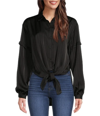 DKNY by Donna Karan Jacquard Point Collar Long Sleeve Tie Front Blouse