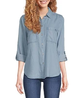 DKNY by Donna Karan Jeans Garment Dye Roll-Tab Sleeve Button Front Shirt