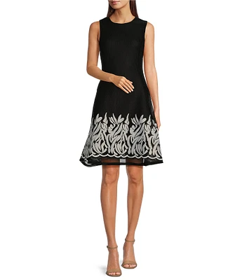 DKNY by Donna Karan Sleeveless Embroidered Mesh Boarder Fit and Flare Dress