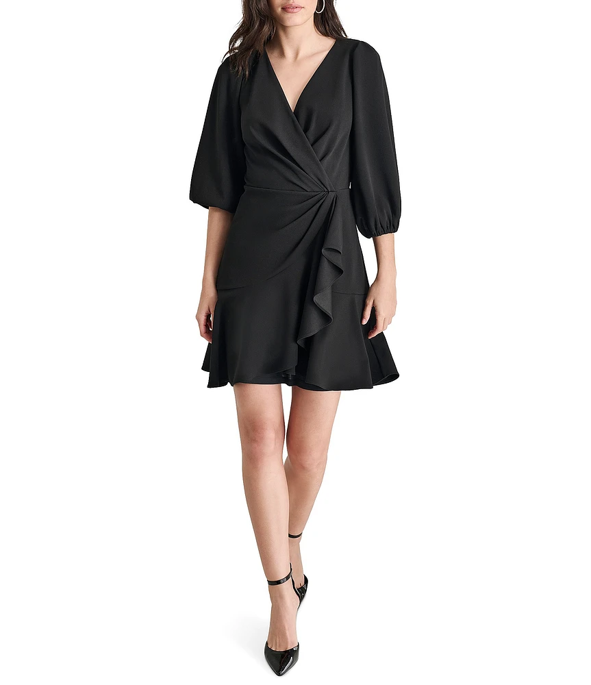 DKNY by Donna Karan Knit Faux Wrap V Neck Balloon 3/4 Sleeve Ruffle Hem Dress