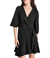 DKNY by Donna Karan Knit Faux Wrap V Neck Balloon 3/4 Sleeve Ruffle Hem Dress