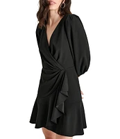 DKNY by Donna Karan Knit Faux Wrap V Neck Balloon 3/4 Sleeve Ruffle Hem Dress