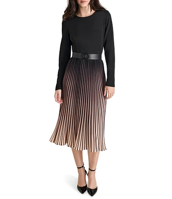 DKNY by Donna Karan Knit Fit-and-Flare Ombre Print Crew Neck Long Sleeve Pleated Skirt Removable Belt Midi Dress