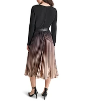 DKNY by Donna Karan Knit Fit-and-Flare Ombre Print Crew Neck Long Sleeve Pleated Skirt Removable Belt Midi Dress