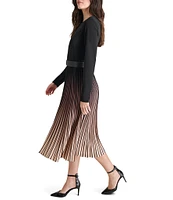 DKNY by Donna Karan Knit Fit-and-Flare Ombre Print Crew Neck Long Sleeve Pleated Skirt Removable Belt Midi Dress