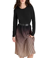 DKNY by Donna Karan Knit Fit-and-Flare Ombre Print Crew Neck Long Sleeve Pleated Skirt Removable Belt Midi Dress