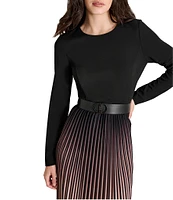 DKNY by Donna Karan Knit Fit-and-Flare Ombre Print Crew Neck Long Sleeve Pleated Skirt Removable Belt Midi Dress