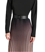 DKNY by Donna Karan Knit Fit-and-Flare Ombre Print Crew Neck Long Sleeve Pleated Skirt Removable Belt Midi Dress