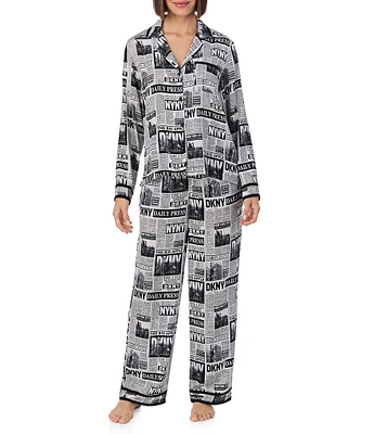 DKNY Knit Newspaper Print Long Sleeve Notch Collar Pant Pajama Set