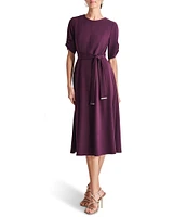 DKNY by Donna Karan Knit Round Neck Short Ruched Sleeve Tie Waist Midi Dress