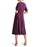 DKNY by Donna Karan Knit Round Neck Short Ruched Sleeve Tie Waist Midi Dress