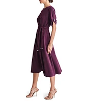 DKNY by Donna Karan Knit Round Neck Short Ruched Sleeve Tie Waist Midi Dress