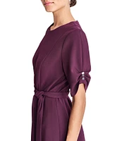 DKNY by Donna Karan Knit Round Neck Short Ruched Sleeve Tie Waist Midi Dress