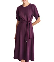 DKNY by Donna Karan Knit Round Neck Short Ruched Sleeve Tie Waist Midi Dress