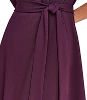 DKNY by Donna Karan Knit Round Neck Short Ruched Sleeve Tie Waist Midi Dress