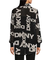 DKNY by Donna Karan Logo Printed Chiffon Button Front Shirt