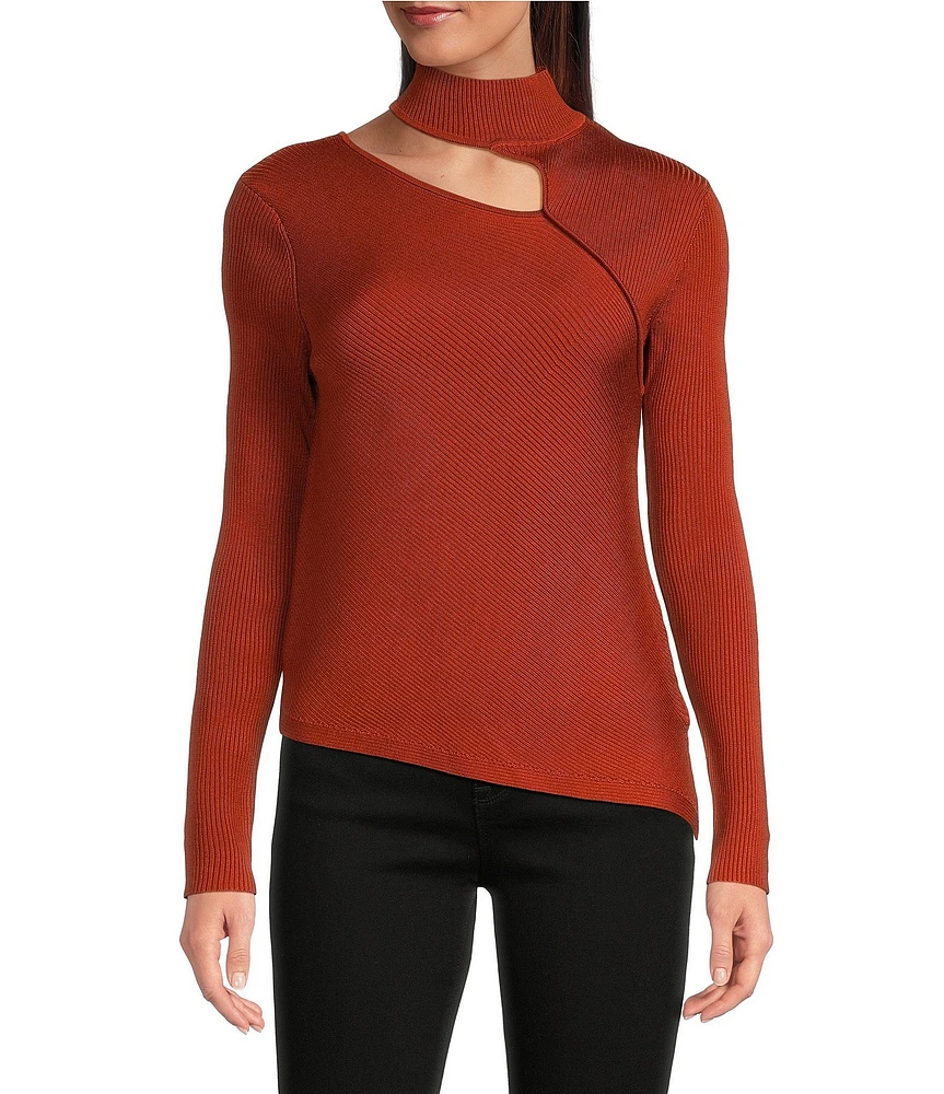 DKNY by Donna Karan Long Sleeve Cut-Out Mock Neck Knit Top