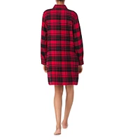 DKNY by Donna Karan Long Sleeve Notch Collar Plaid Patchwork Print Flannel Button Front Nightshirt