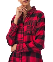 DKNY by Donna Karan Long Sleeve Notch Collar Plaid Patchwork Print Flannel Button Front Nightshirt