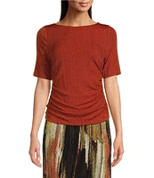 DKNY by Donna Karan Lurex Rib Knit Elbow Sleeve Crew Neck Top