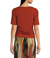 DKNY by Donna Karan Lurex Rib Knit Elbow Sleeve Crew Neck Top