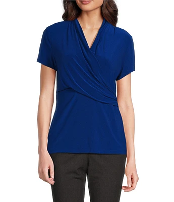 DKNY by Donna Karan Matte Jersey Ruch Wrap Front V-Neck Short Sleeve Top