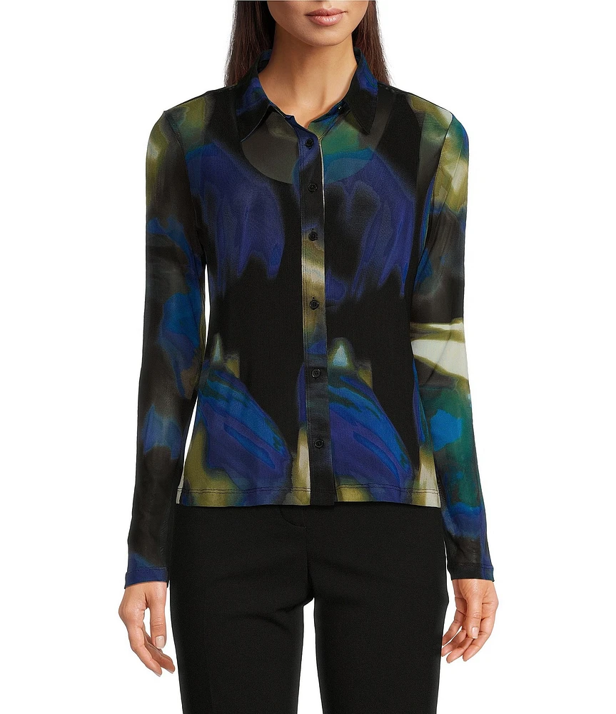 DKNY by Donna Karan Mesh Overlay Long Sleeve Button Front Top