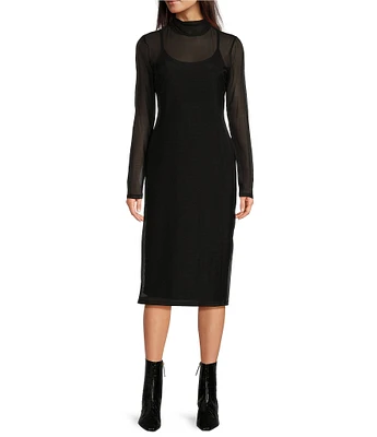 DKNY by Donna Karan Mesh Turtle Neck Long Sleeve Midi Dress