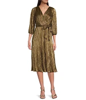 DKNY by Donna Karan Metallic Knit V-Neck 3/4 Balloon Sleeve Tie Waist Midi Dress