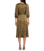 DKNY by Donna Karan Metallic Knit V-Neck 3/4 Balloon Sleeve Tie Waist Midi Dress