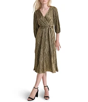 DKNY by Donna Karan Metallic Knit V-Neck 3/4 Balloon Sleeve Tie Waist Midi Dress