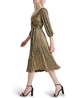 DKNY by Donna Karan Metallic Knit V-Neck 3/4 Balloon Sleeve Tie Waist Midi Dress