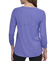 DKNY Sport by Donna Karan Mini Slub Waffle Knit Crew Neck 3/4 Ruched Sleeve Tee