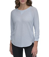 DKNY Sport by Donna Karan Mini Slub Waffle Knit Crew Neck 3/4 Ruched Sleeve Tee