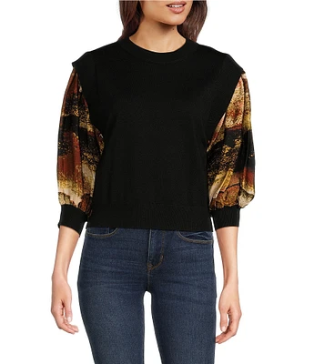 DKNY by Donna Karan Mix Media 3/4 Satin Sleeve Sweater Knit Top